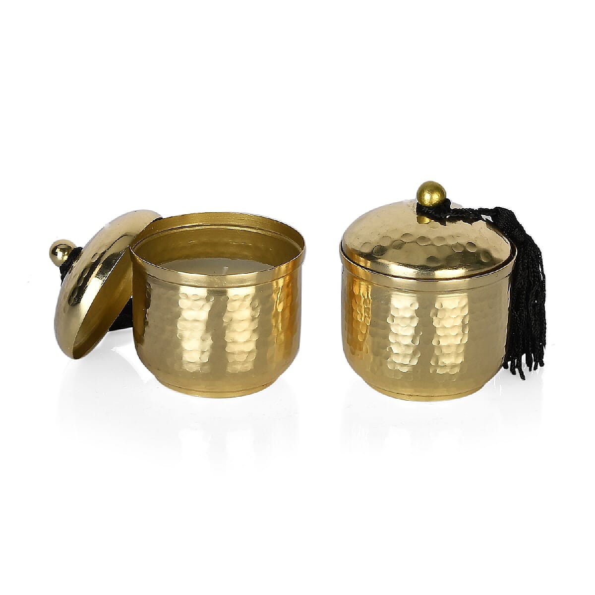 GOLD Set of 2 - Hammered Metal Candle Jar with Lid and Wax Inside (Size 6.8x6.8x8 Cm) - (Sandalwood Fragrance)