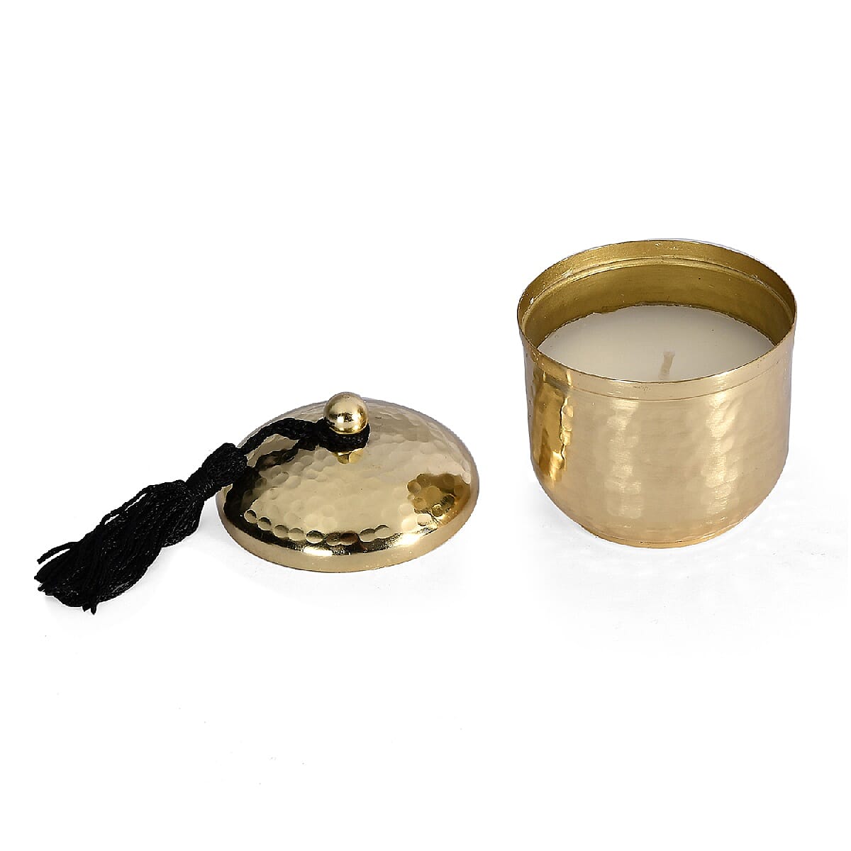 GOLD Set of 2 - Hammered Metal Candle Jar with Lid and Wax Inside (Size 6.8x6.8x8 Cm) - (Sandalwood Fragrance)