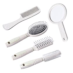 5 Piece Set - Hair Brushes (Includes 1 Flat Comb, 1 Flat Modelling Brush, 1 Roll Modelling Brush, 1 Massage Brush) and 1 Mirror - Grey