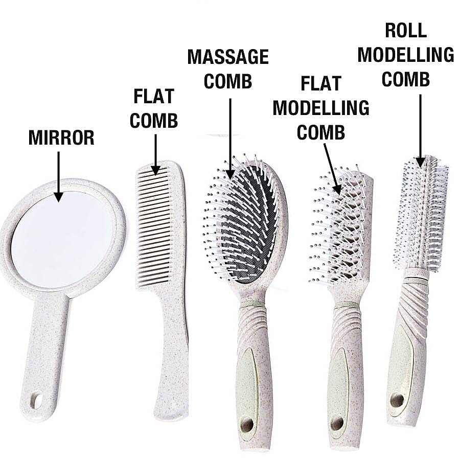 5 Piece Set - Hair Brushes (Includes 1 Flat Comb, 1 Flat Modelling Brush, 1 Roll Modelling Brush, 1 Massage Brush) and 1 Mirror - Grey