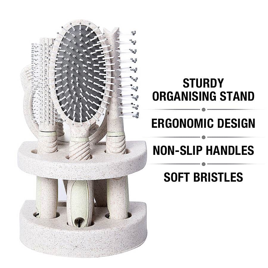 5 Piece Set - Hair Brushes (Includes 1 Flat Comb, 1 Flat Modelling Brush, 1 Roll Modelling Brush, 1 Massage Brush) and 1 Mirror - Grey