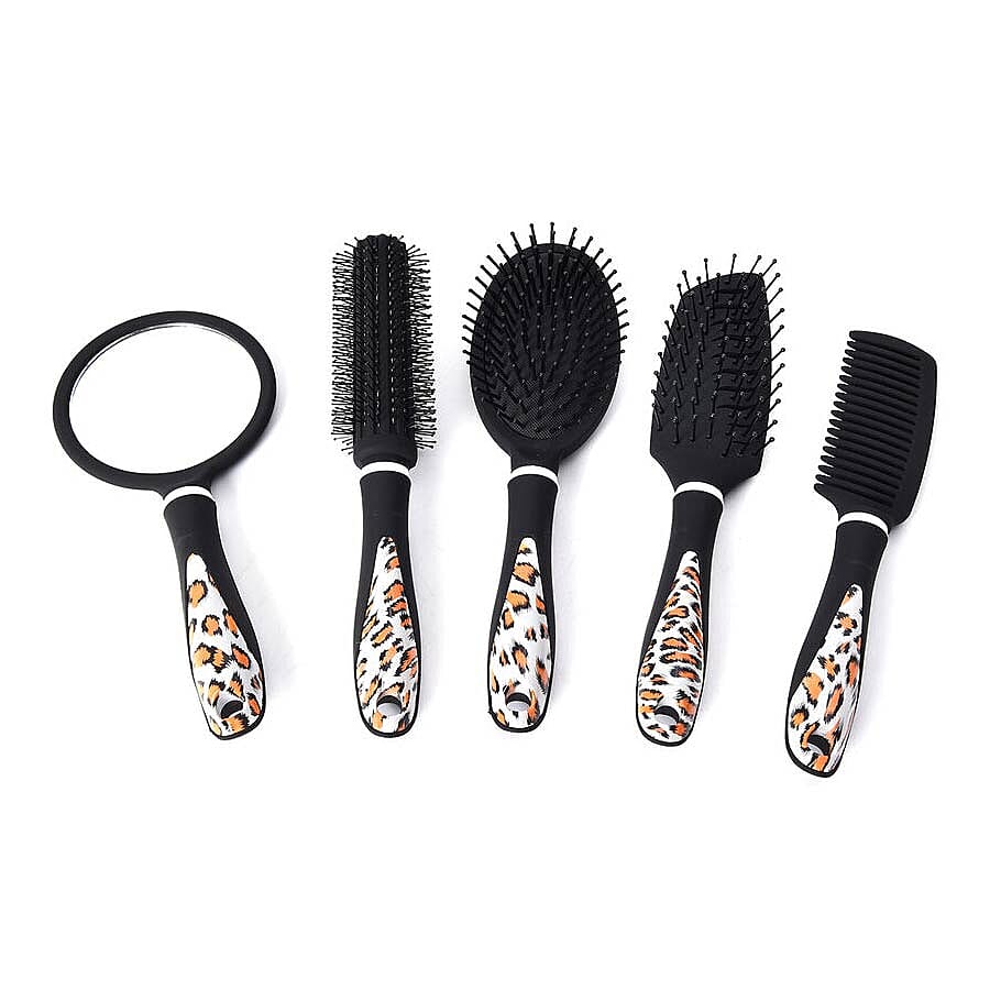 5 Piece Set - Hair Brushes (includes 1 Flat Comb, 1 Flat Modelling Brush, 1 Roll Modelling Brush, 1 Massage Brush) and 1 Mirror with Leopard Print Hand Shank - Black