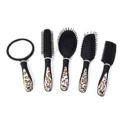 5 Piece Set - Hair Brushes (Includes 1 Flat Comb, 1 Flat Modelling Brush, 1 Roll Modelling Brush, 1 Massage Brush) and 1 Mirror - Grey