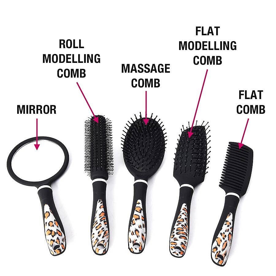 5 Piece Set - Hair Brushes (includes 1 Flat Comb, 1 Flat Modelling Brush, 1 Roll Modelling Brush, 1 Massage Brush) and 1 Mirror with Leopard Print Hand Shank - Black