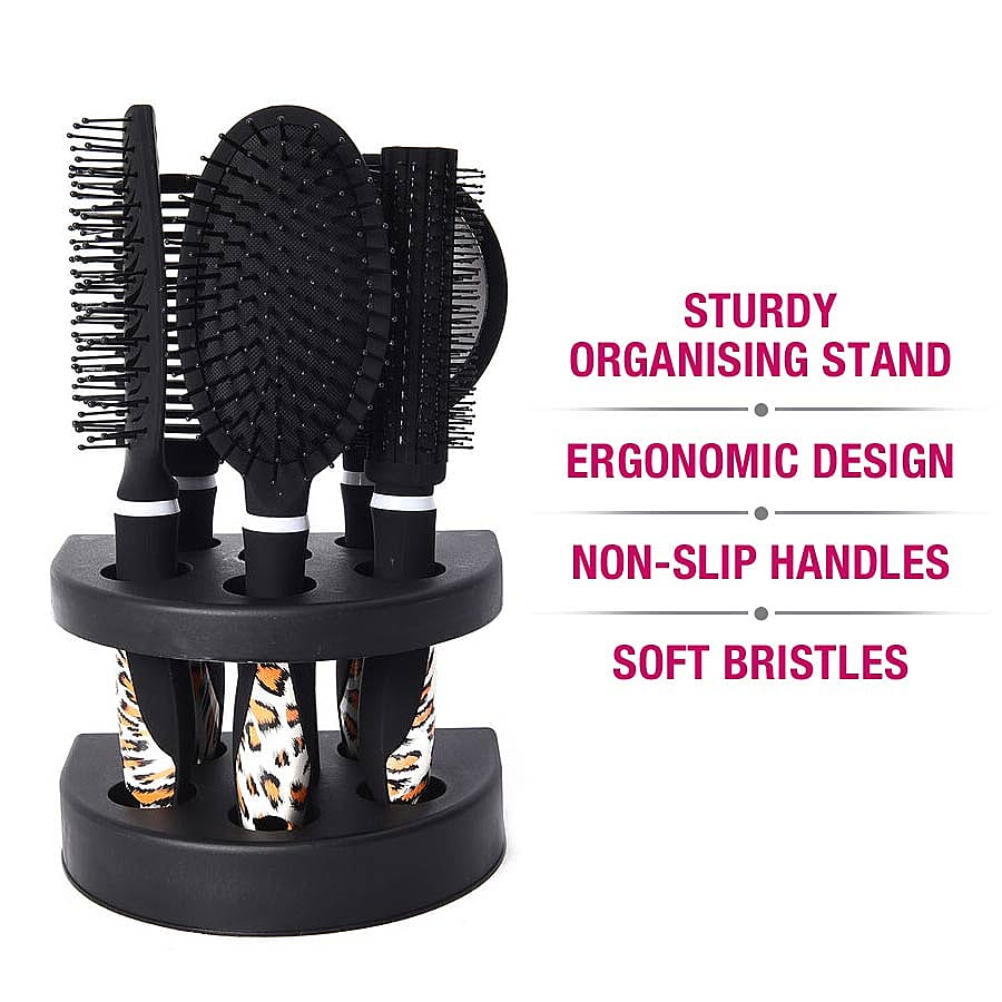 5 Piece Set - Hair Brushes (includes 1 Flat Comb, 1 Flat Modelling Brush, 1 Roll Modelling Brush, 1 Massage Brush) and 1 Mirror with Leopard Print Hand Shank - Black