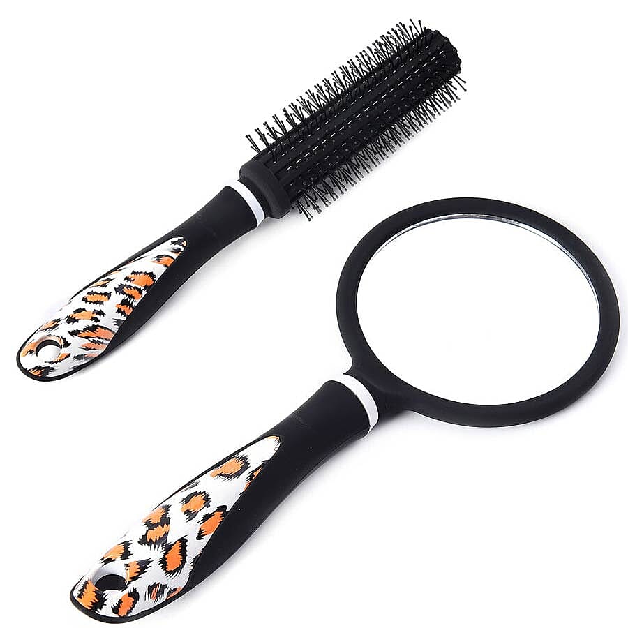 5 Piece Set - Hair Brushes (includes 1 Flat Comb, 1 Flat Modelling Brush, 1 Roll Modelling Brush, 1 Massage Brush) and 1 Mirror with Leopard Print Hand Shank - Black