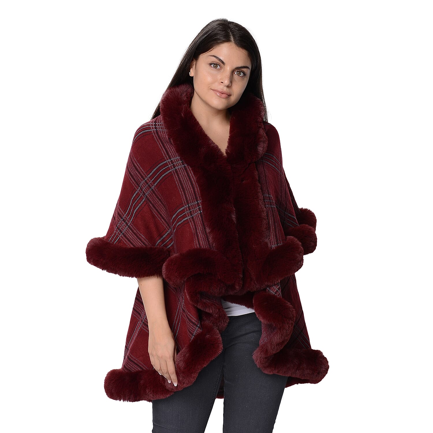 Checkered Pattern Faux FurTwo Layer Wrap (Size 79x99 Cm, 46x81 Cm) - Chk Wine