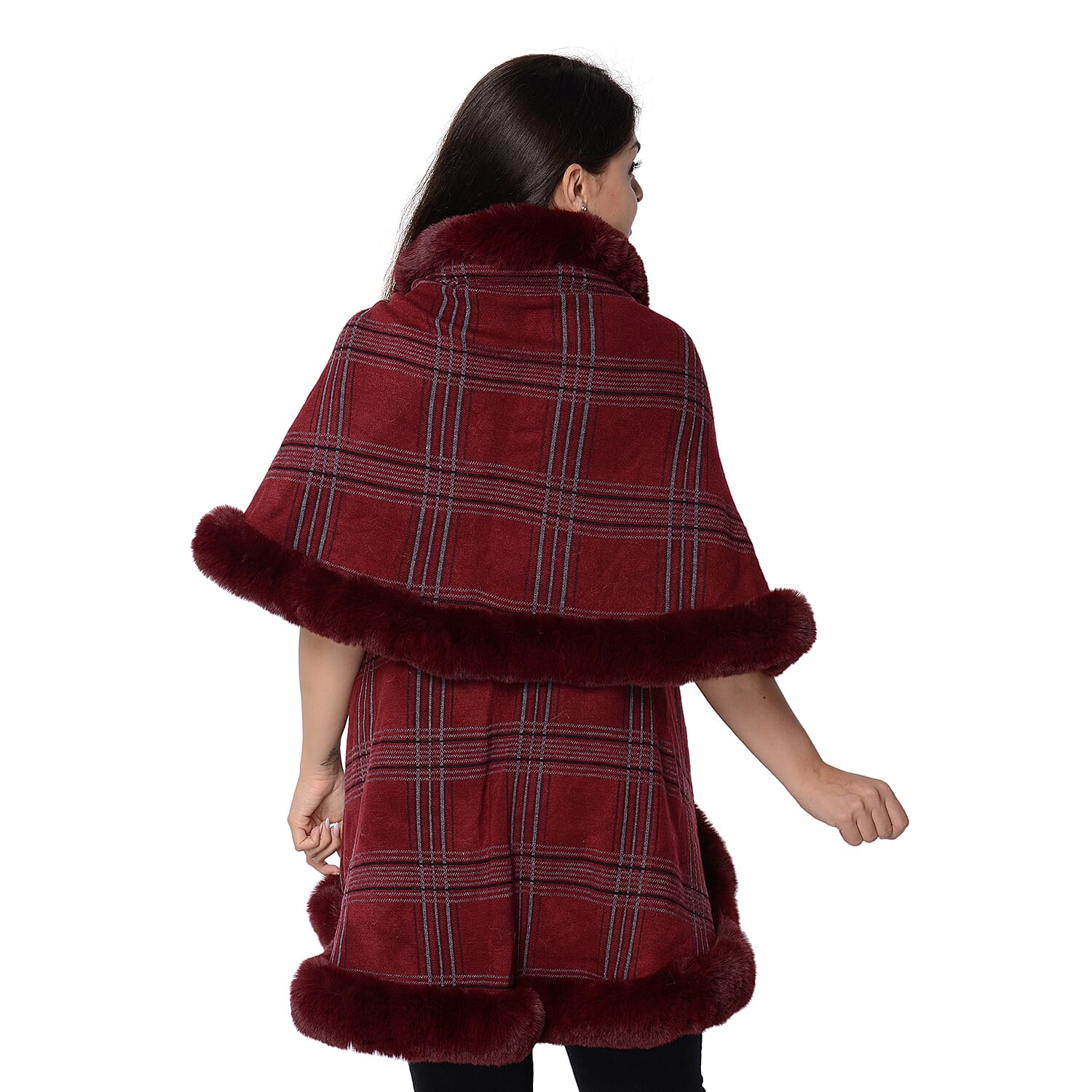 Checkered Pattern Faux FurTwo Layer Wrap (Size 79x99 Cm, 46x81 Cm) - Chk Wine
