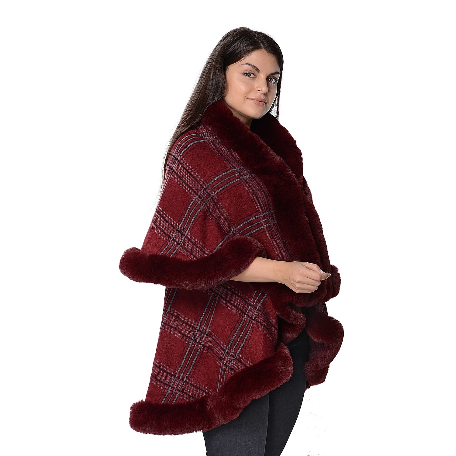 Checkered Pattern Faux FurTwo Layer Wrap (Size 79x99 Cm, 46x81 Cm) - Chk Wine