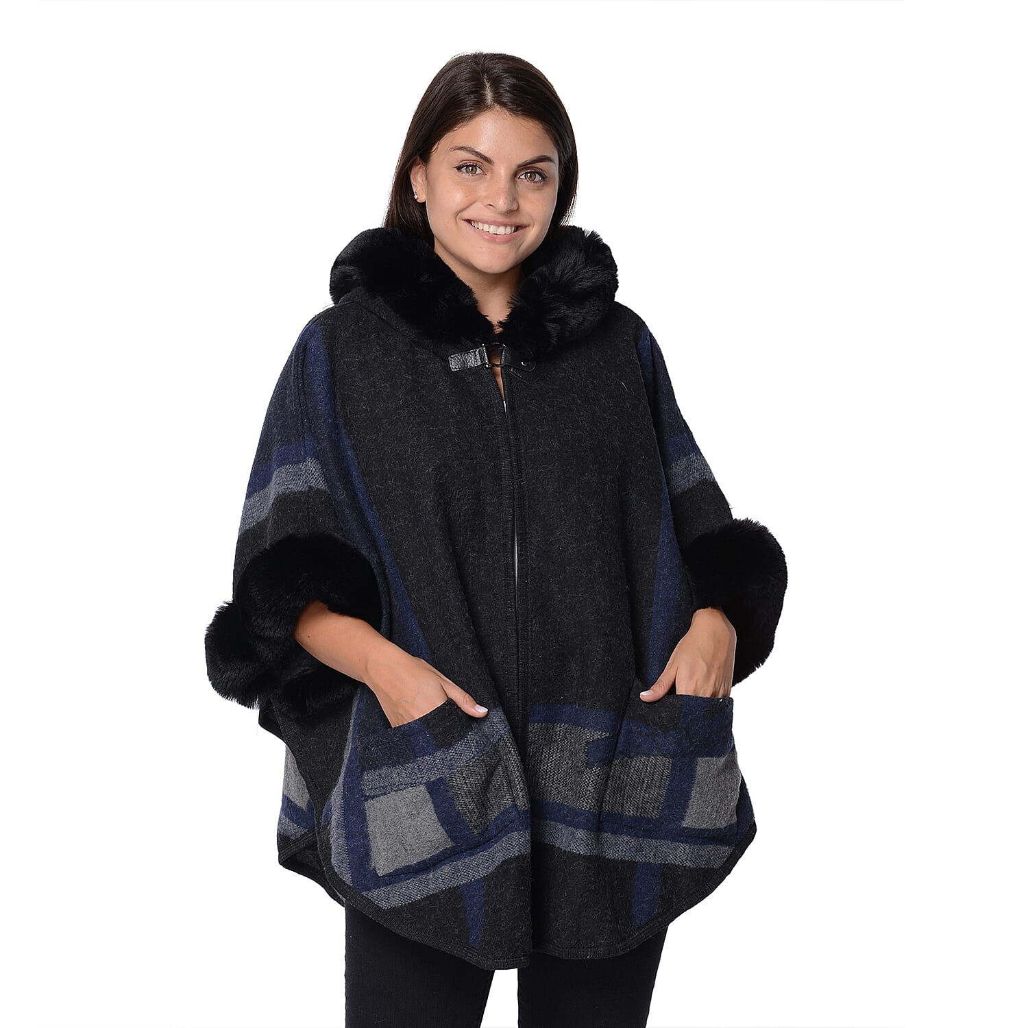 Geometry Pattern Half Round Shape Blanket Wrap with Faux Fur Hat, Sleeves and Two Front Pockets (Size 76x107 Cm) - Black