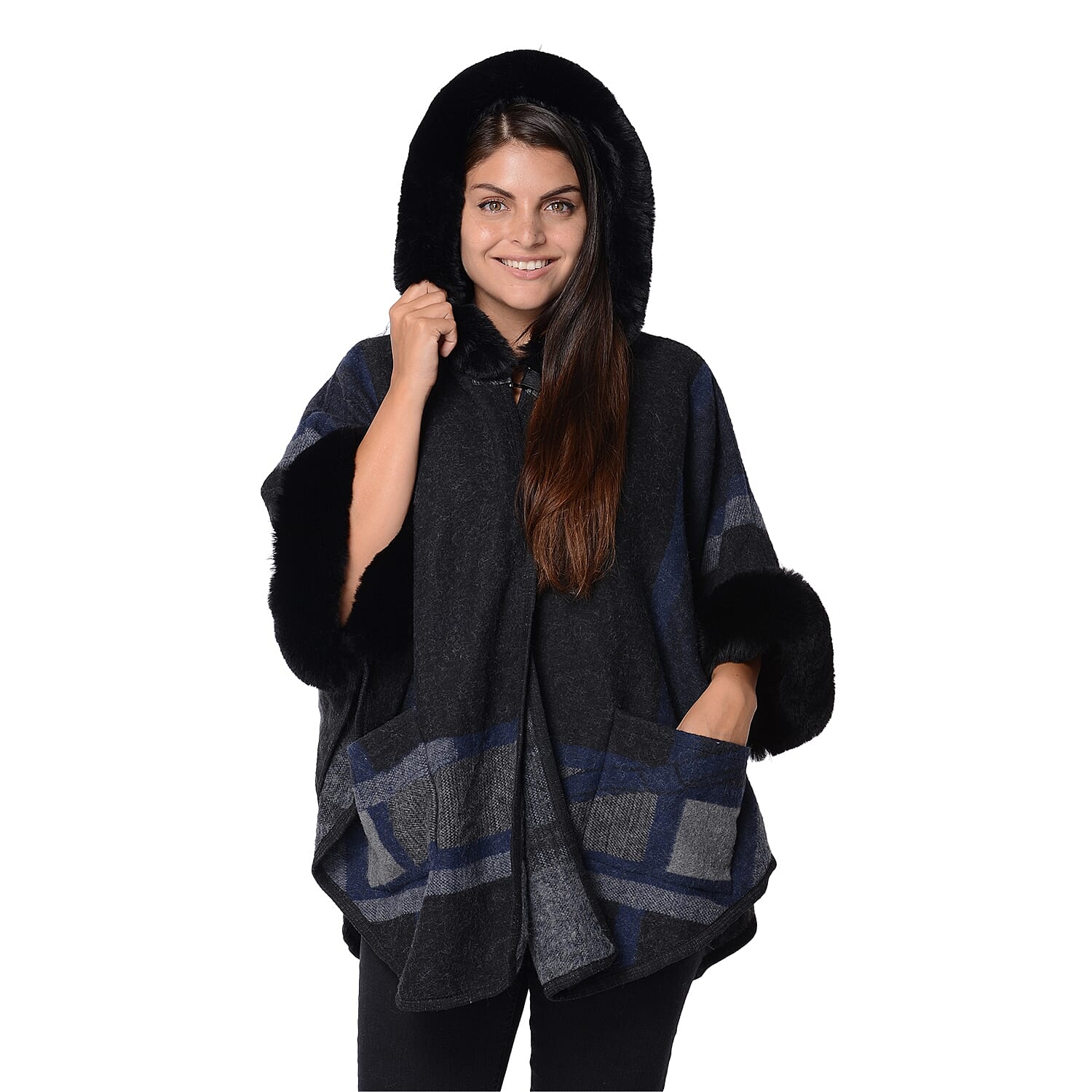 Geometry Pattern Half Round Shape Blanket Wrap with Faux Fur Hat, Sleeves and Two Front Pockets (Size 76x107 Cm) - Black