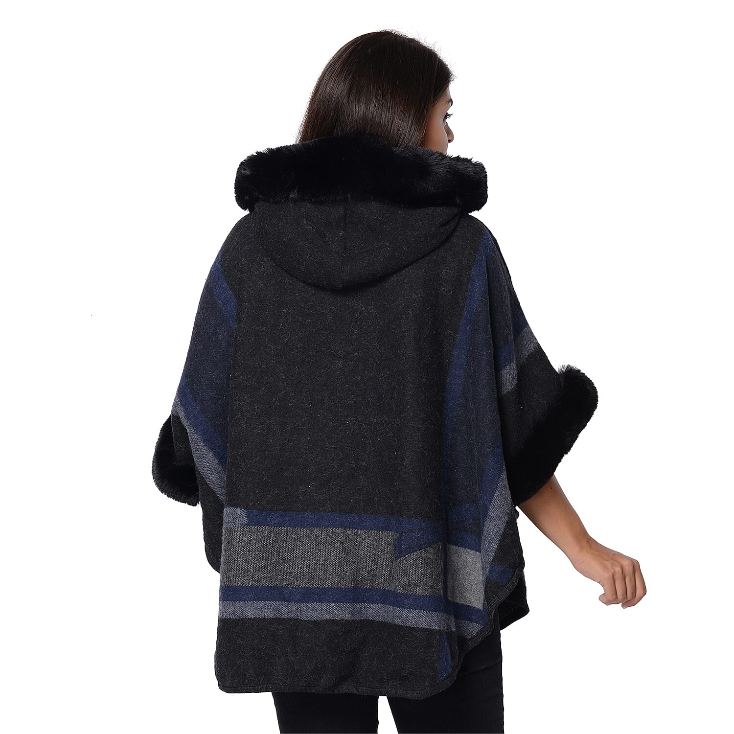 Geometry Pattern Half Round Shape Blanket Wrap with Faux Fur Hat, Sleeves and Two Front Pockets (Size 76x107 Cm) - Black