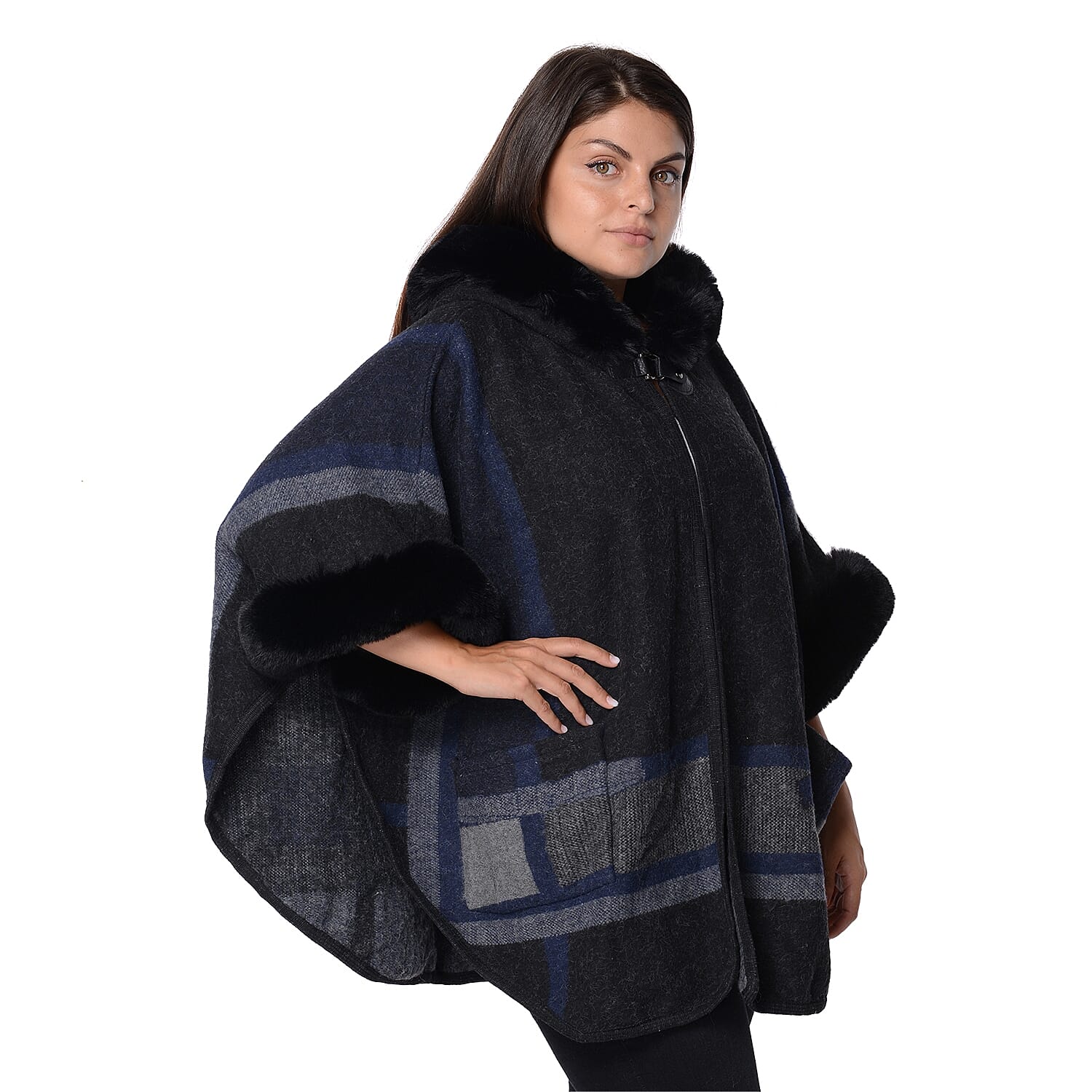 Geometry Pattern Half Round Shape Blanket Wrap with Faux Fur Hat, Sleeves and Two Front Pockets (Size 76x107 Cm) - Black