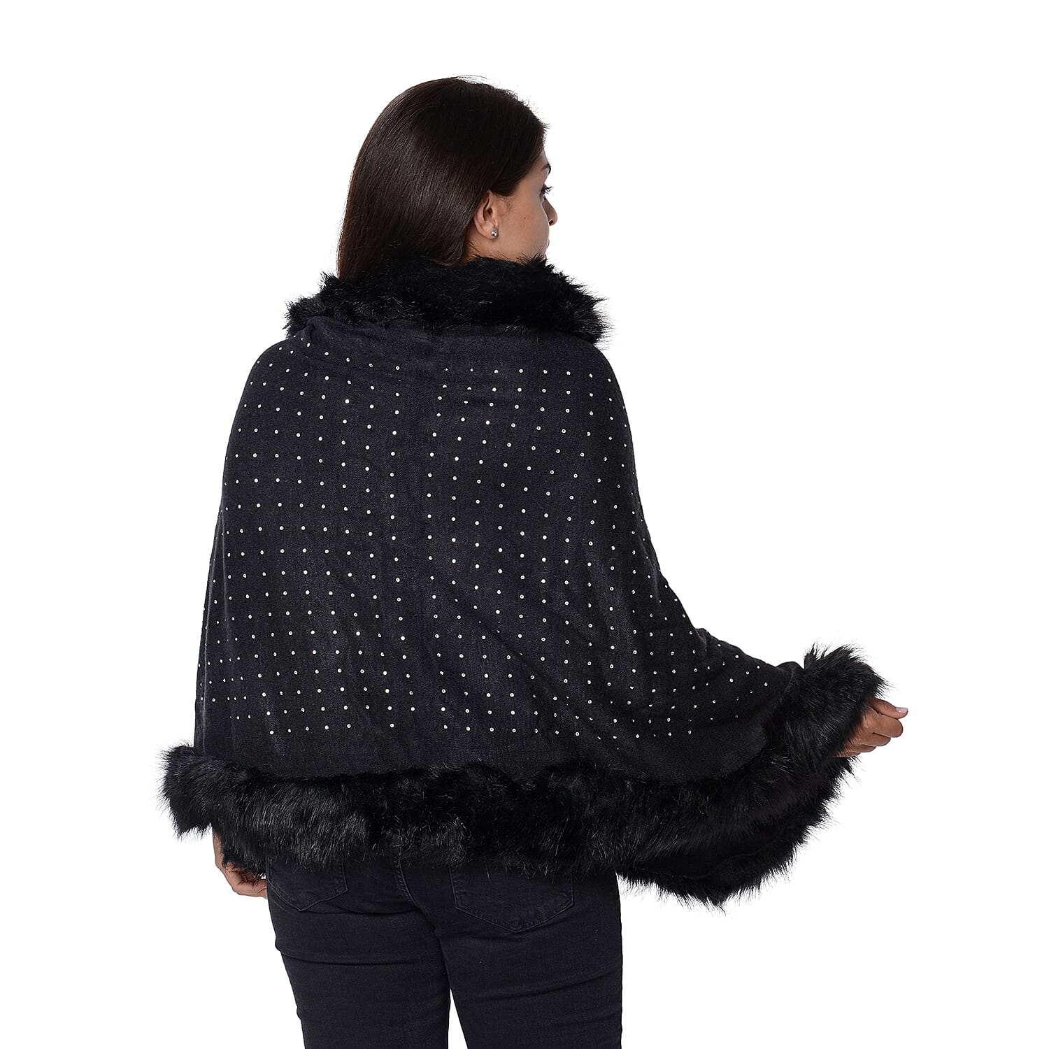 Solid Colour Crystal Blanket Wrap with Faux Fur Border (Size 56x142+7.6 Cm) - Black