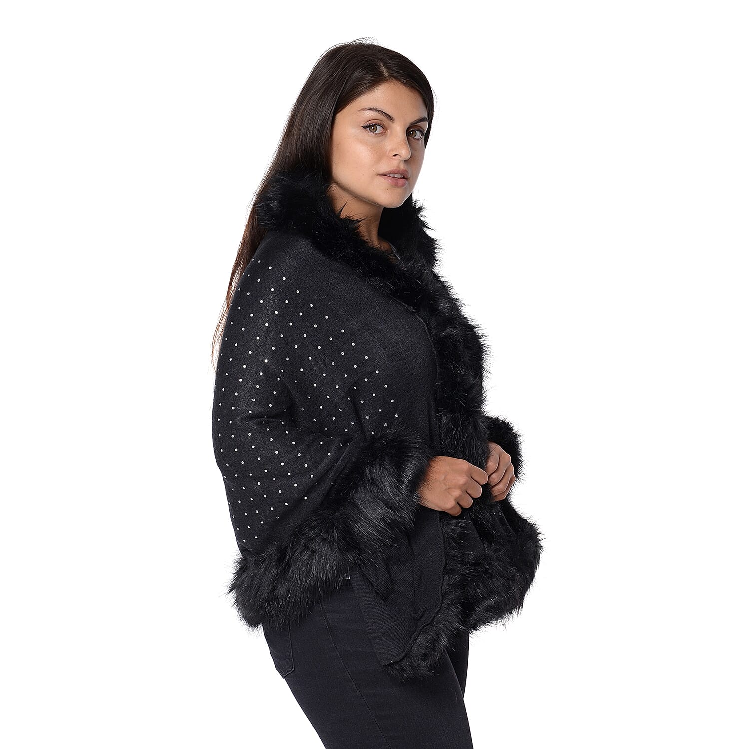 Solid Colour Crystal Blanket Wrap with Faux Fur Border (Size 56x142+7.6 Cm) - Black
