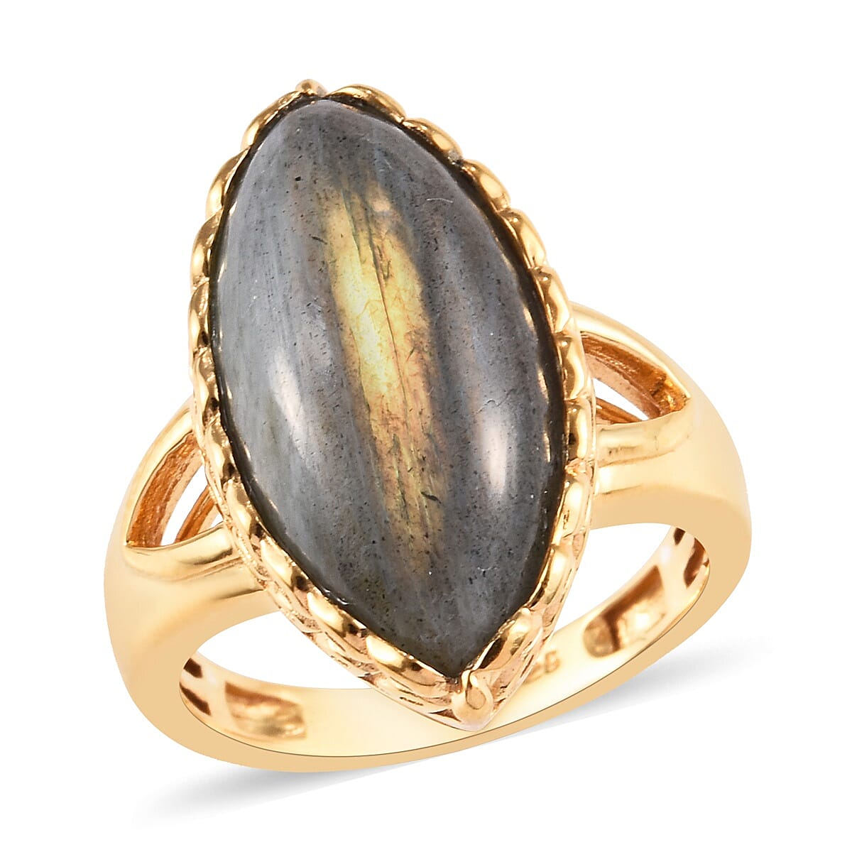 100% Natural Bokonaky Fire Labradorite (Mrq 20x10 mm) Solitaire Ring in 14K Gold Overlay Sterling Silver 8.75 Ct.
