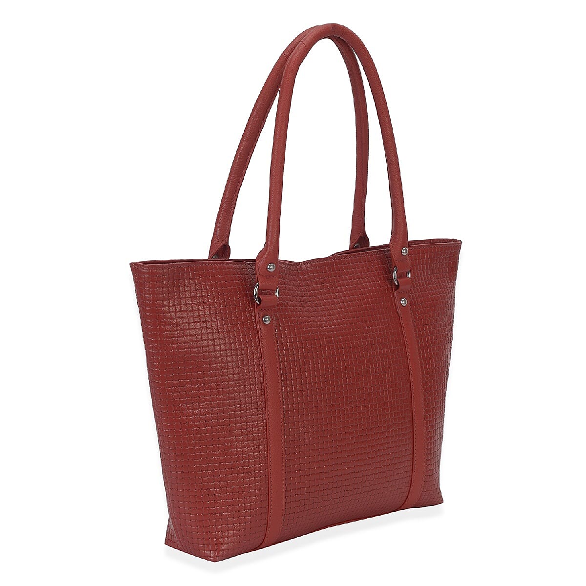 100% Genuine Leather Weave Pattern RFID Protected Tote Bag (Size 43x28.5x8 Cm) - Brick Red