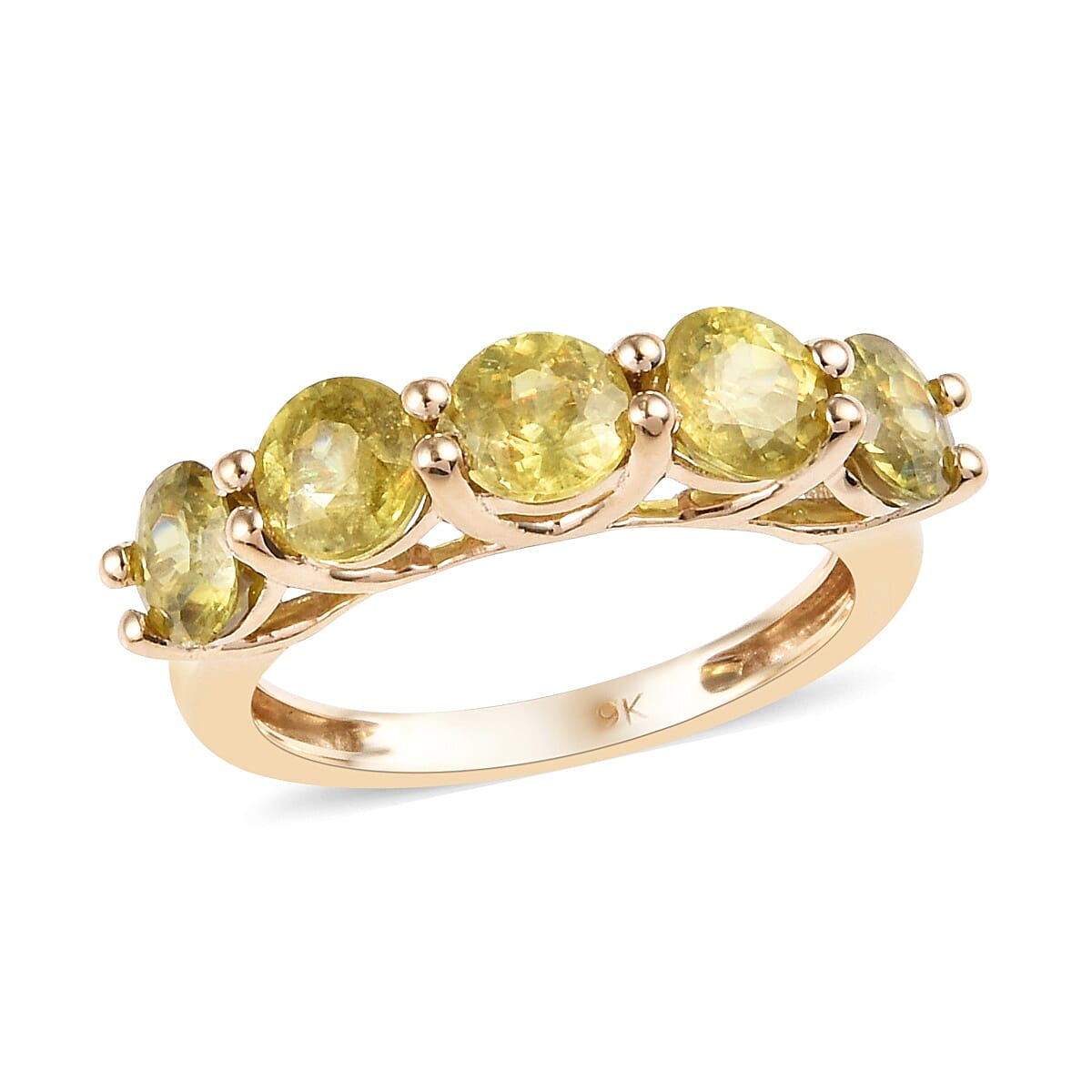 9K Yellow Gold AA Sava Sphene (Rnd 5 mm) Five Stone Ring 2.75 Ct.
