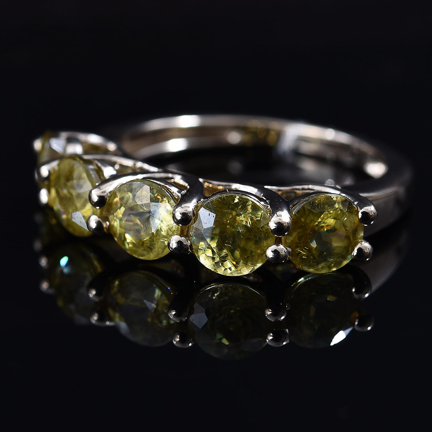 9K Yellow Gold AA Sava Sphene (Rnd 5 mm) Five Stone Ring 2.75 Ct.