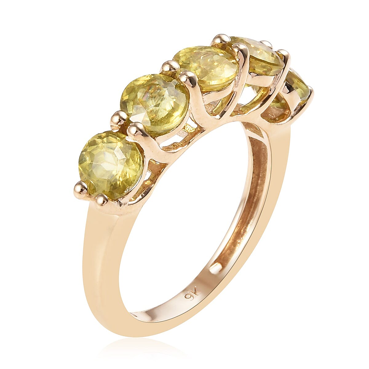 9K Yellow Gold AA Sava Sphene (Rnd 5 mm) Five Stone Ring 2.75 Ct.