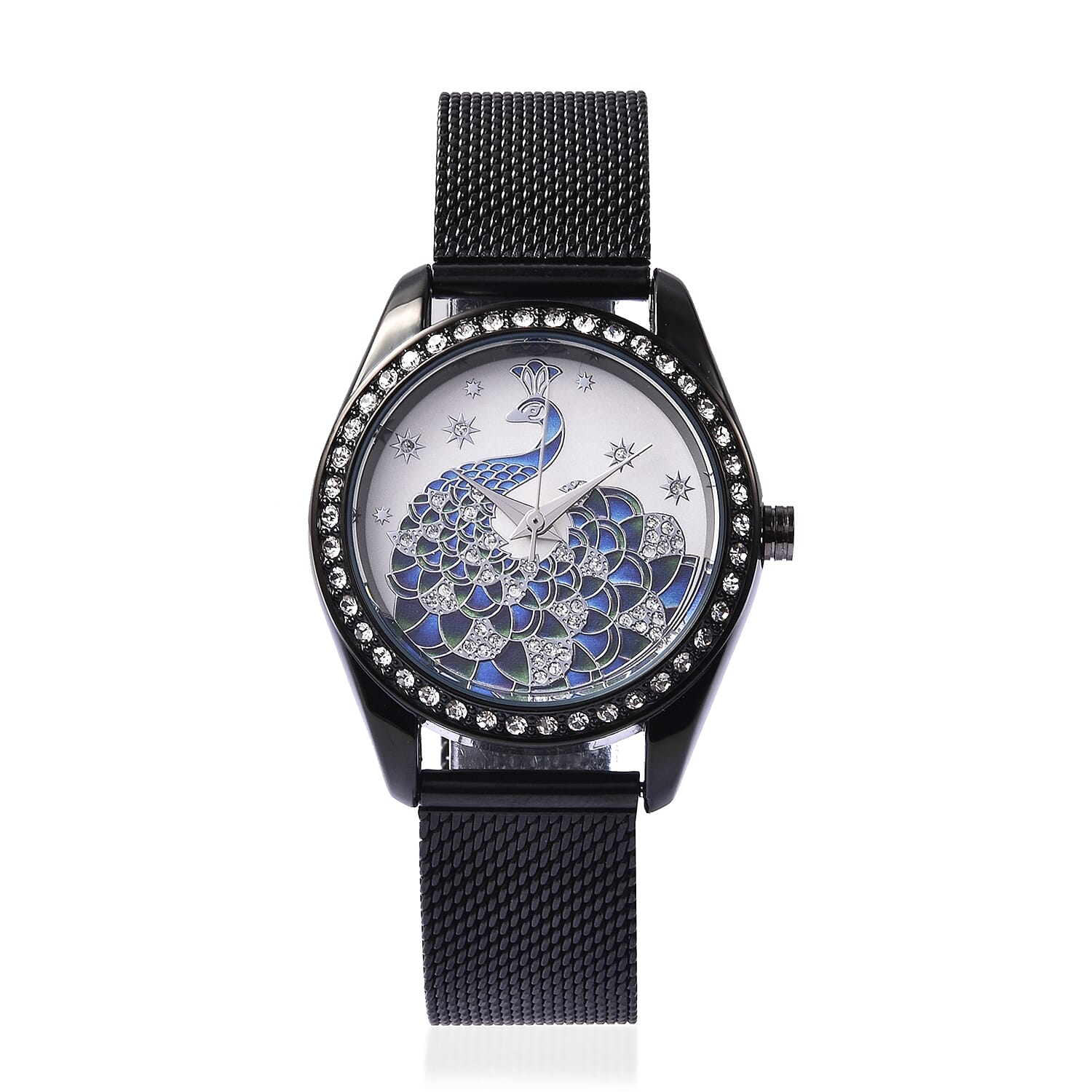 STRADA Japanese Movement Peacock Pattern Water Resistance White Austrian Crystal Studded Watch with Mesh Strap in Black Plating