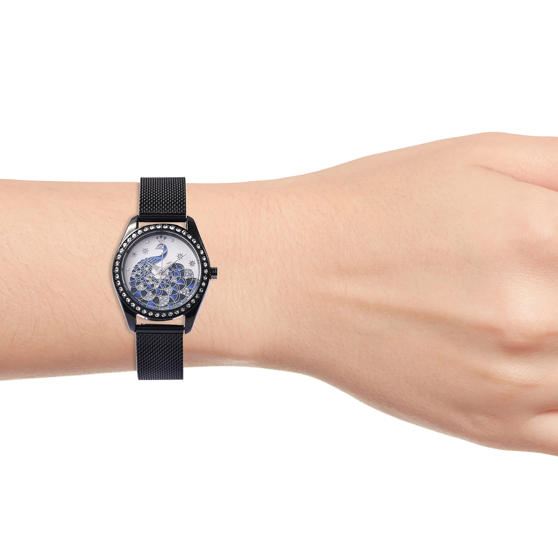 STRADA Japanese Movement Peacock Pattern Water Resistance White Austrian Crystal Studded Watch with Mesh Strap in Black Plating
