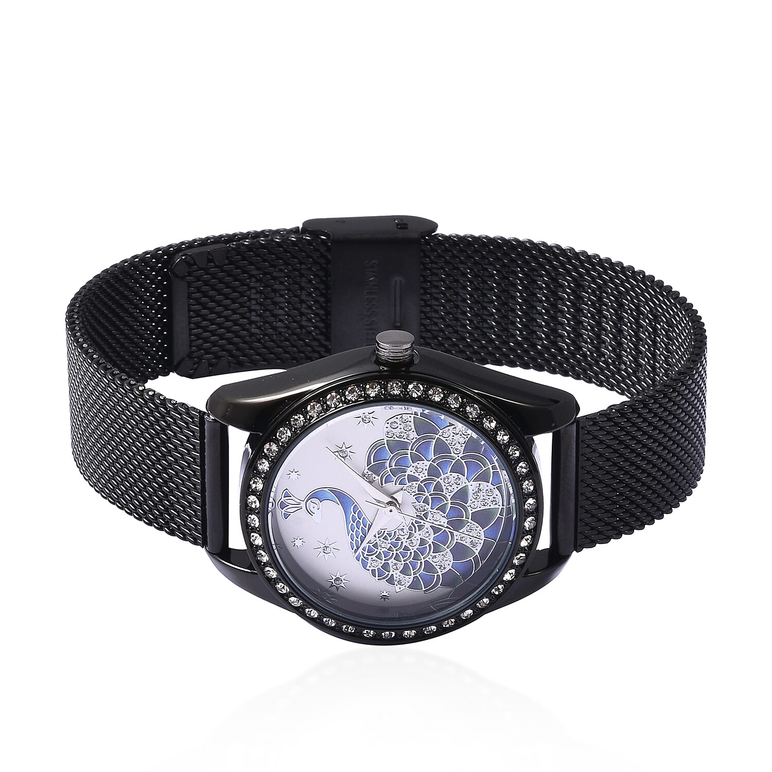 STRADA Japanese Movement Peacock Pattern Water Resistance White Austrian Crystal Studded Watch with Mesh Strap in Black Plating