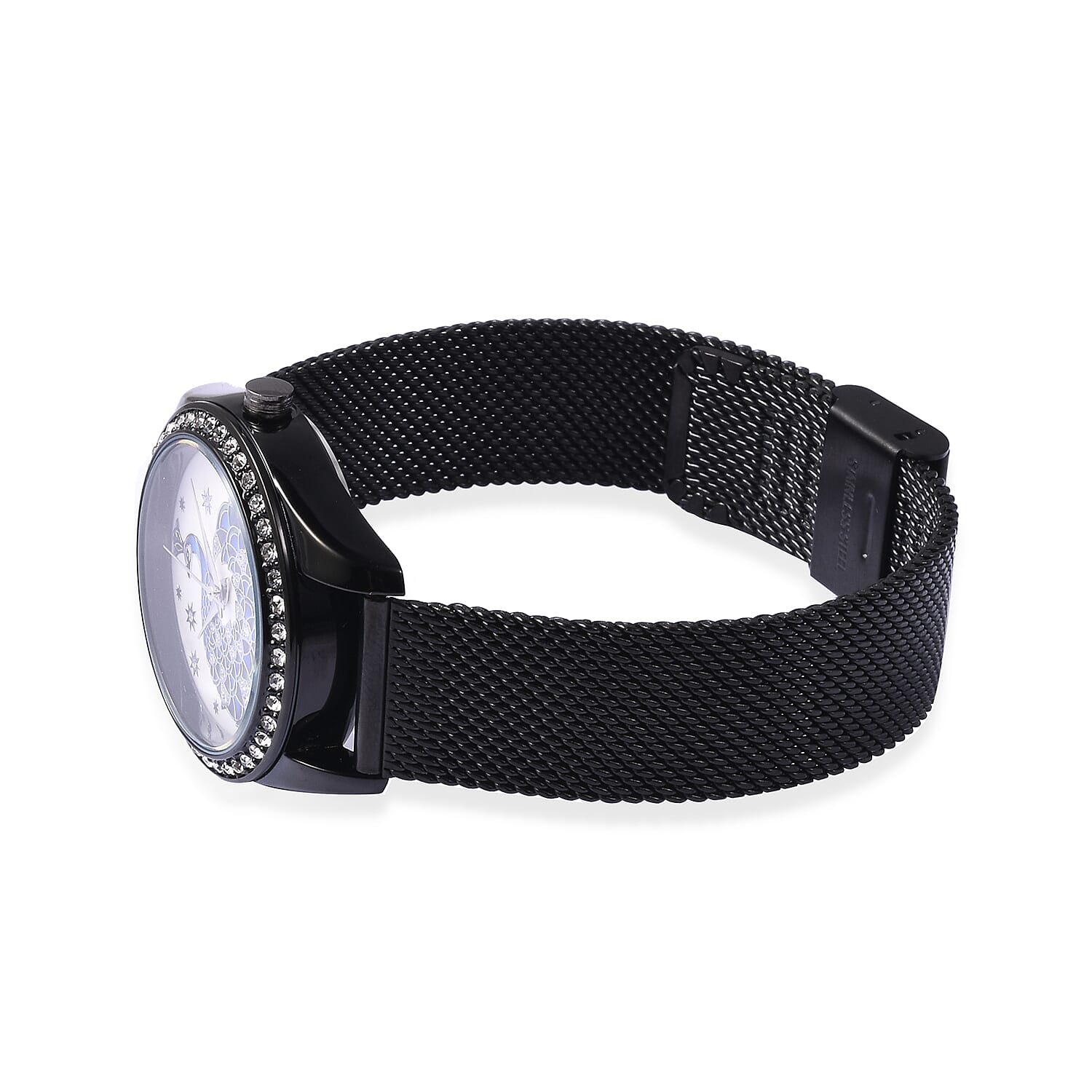 STRADA Japanese Movement Peacock Pattern Water Resistance White Austrian Crystal Studded Watch with Mesh Strap in Black Plating