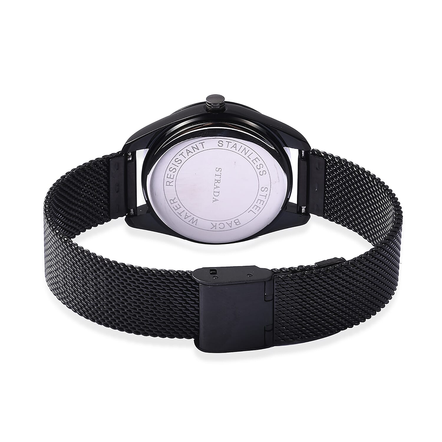 STRADA Japanese Movement Peacock Pattern Water Resistance White Austrian Crystal Studded Watch with Mesh Strap in Black Plating