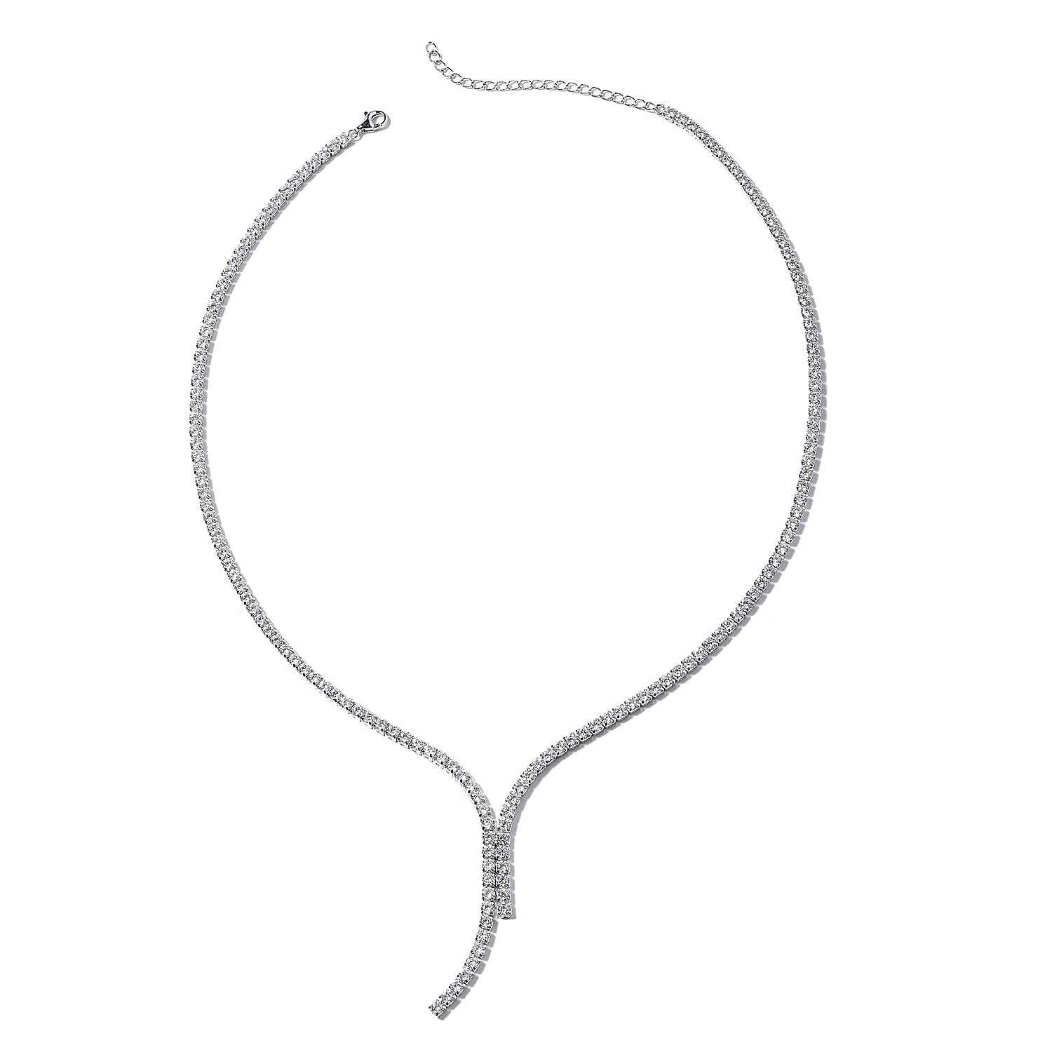 ELANZA AAA Cubic Zirconia (Rnd) Tennis Necklace (Size 18 with 2.5 inch Extender) in Rhodium Overlay Sterling Silver, Silver wt 12.00 Gms Eq Carat Wt 21.80 Cts