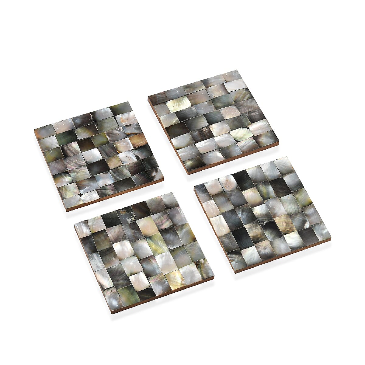 Set of 4 - Mother of Pearl Coaster with Wooden Base (Size 10x10 Cm) - Grey