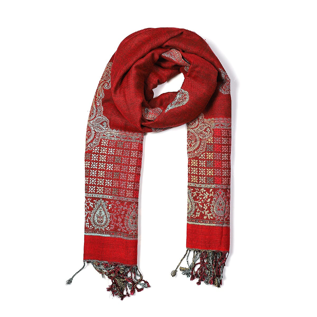 Woven Ethnic Print Scarf (Size 70x200 mm) with Tassels - Red