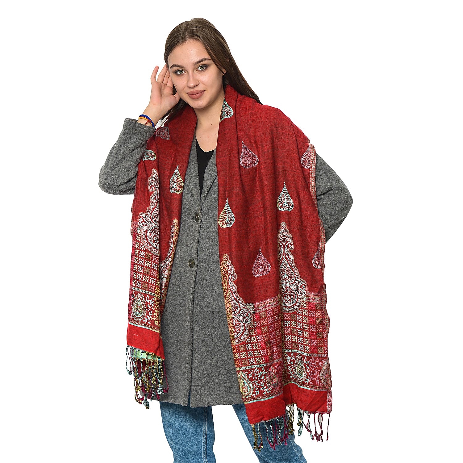 Woven Ethnic Print Scarf (Size 70x200 mm) with Tassels - Red