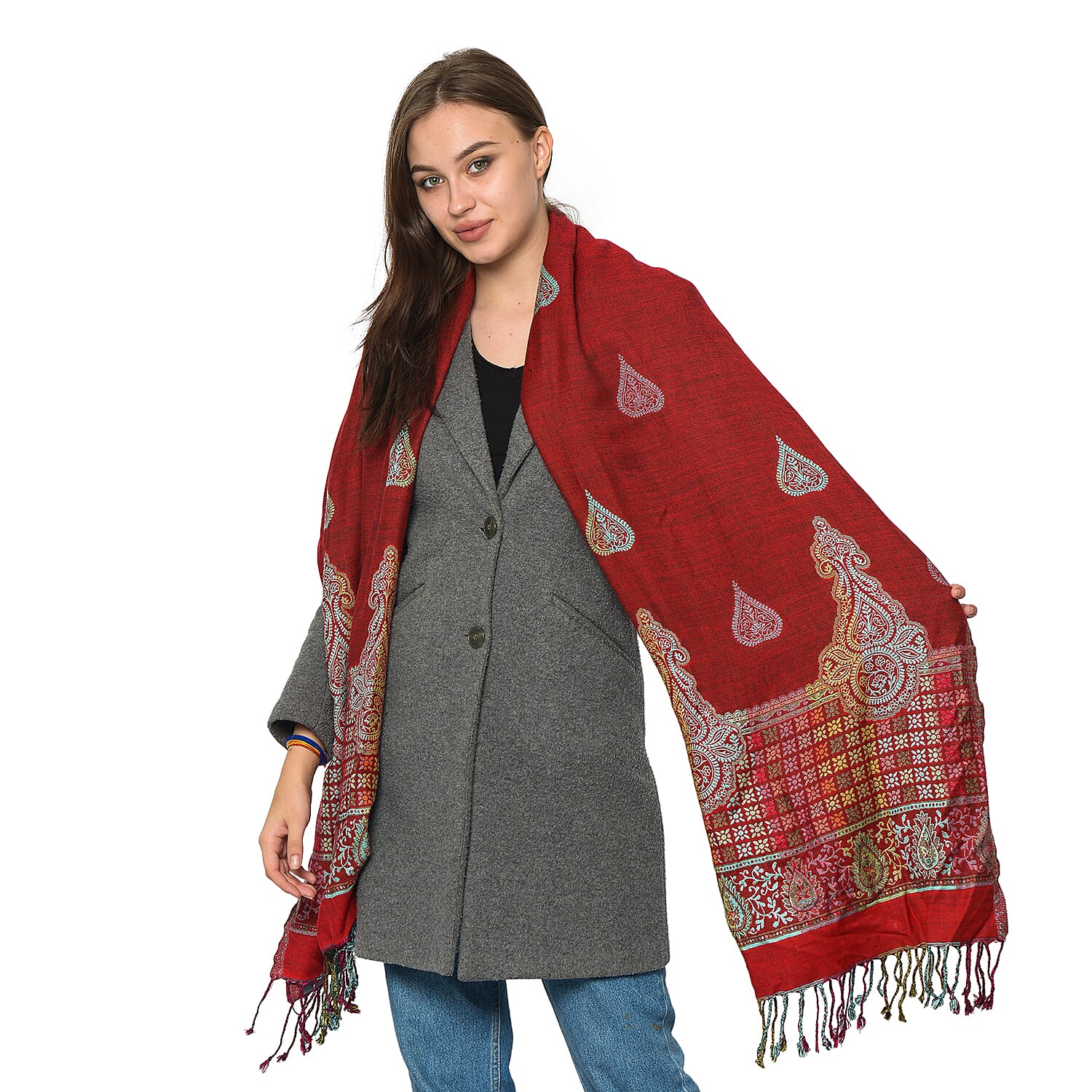 Woven Ethnic Print Scarf (Size 70x200 mm) with Tassels - Red