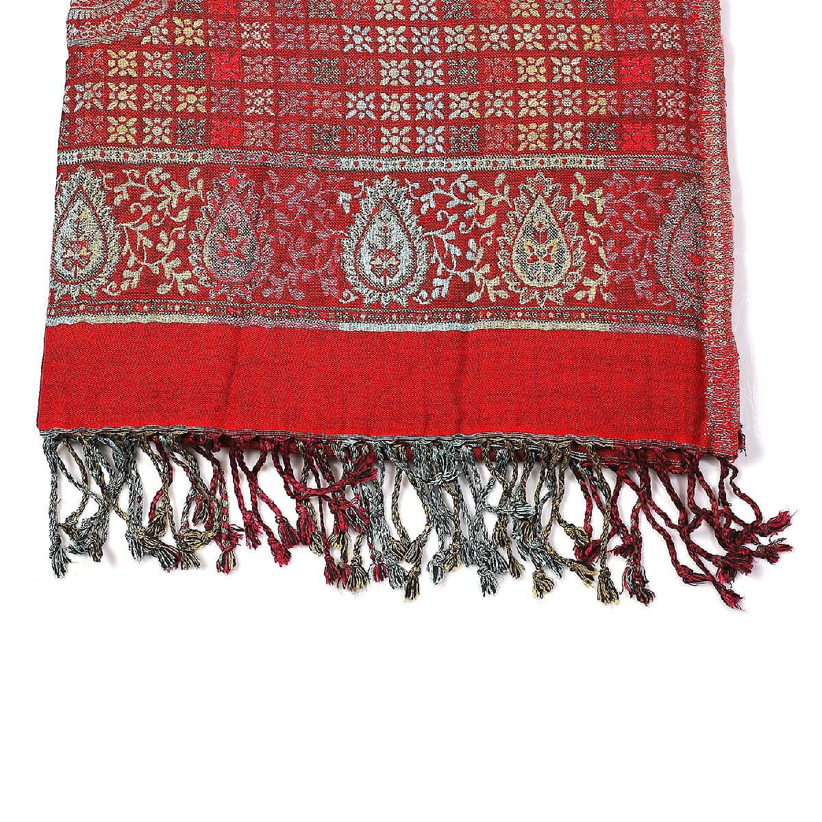 Woven Ethnic Print Scarf (Size 70x200 mm) with Tassels - Red