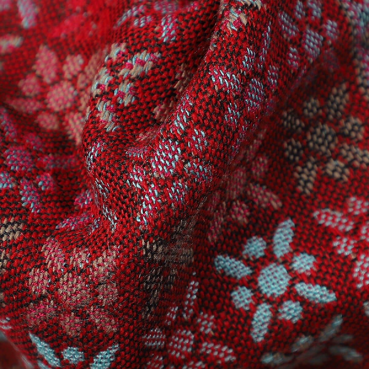 Woven Ethnic Print Scarf (Size 70x200 mm) with Tassels - Red