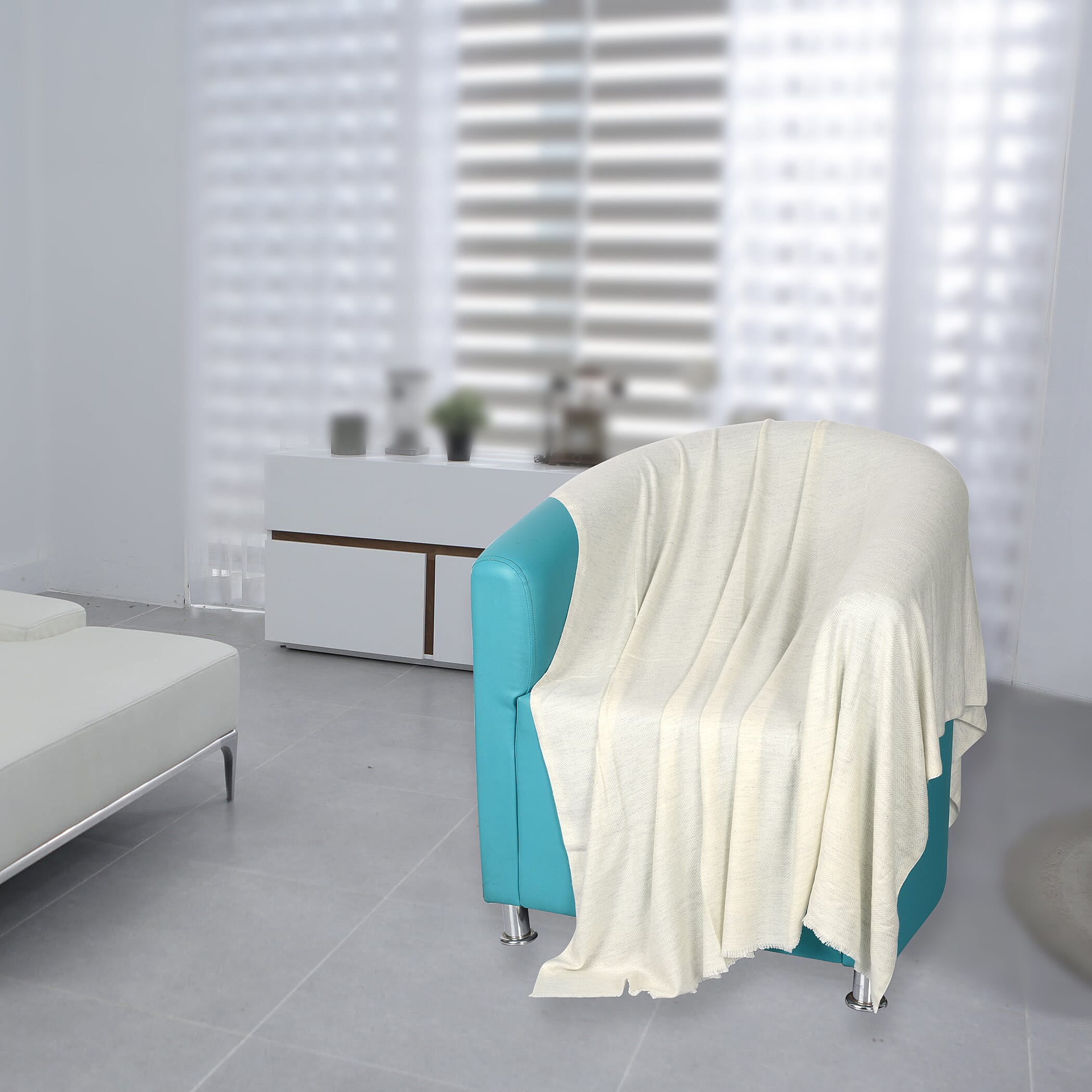 Natural Cashmere Wool Throw Blanket  (Size 260x140 Cm) -  Off-White