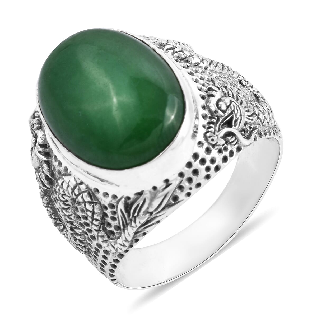 Royal Bali Collection - Green Jade (Ovl 18x13 mm) Dragon Ring in Sterling Silver 13.80 Ct, Silver wt 8.40 Gms