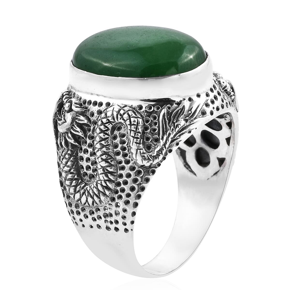 Royal Bali Collection - Green Jade (Ovl 18x13 mm) Dragon Ring in Sterling Silver 13.80 Ct, Silver wt 8.40 Gms