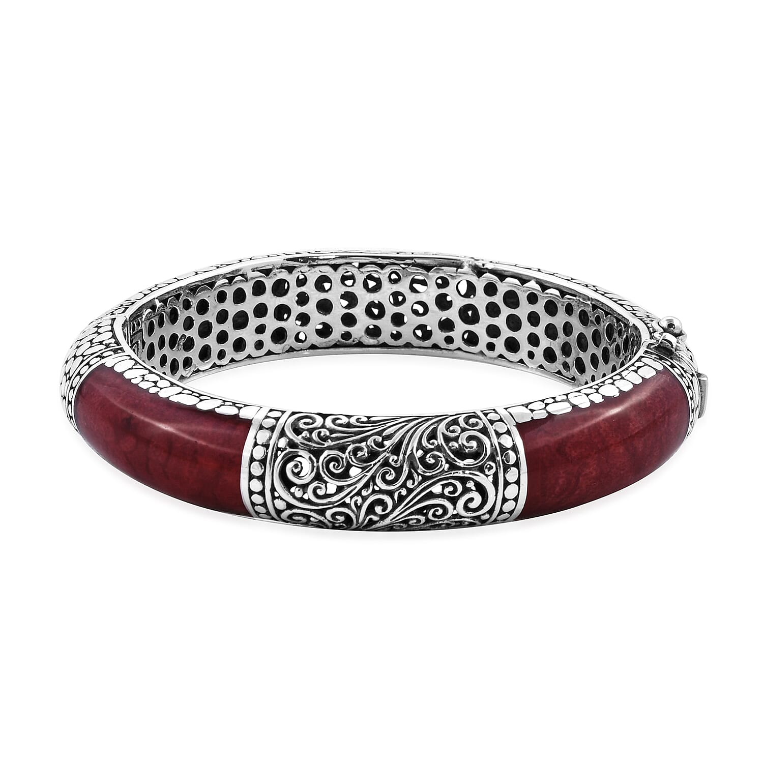Royal Bali Collection - Red Coral Bangle (Size 7.5) in Sterling Silver, Silver Wt 57.00 Gms