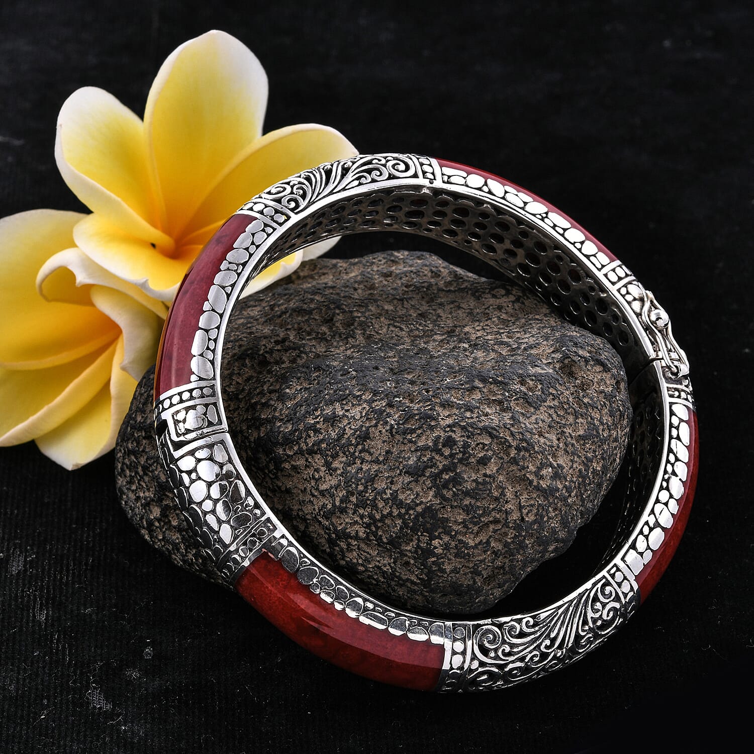 Royal Bali Collection - Red Coral Bangle (Size 7.5) in Sterling Silver, Silver Wt 57.00 Gms