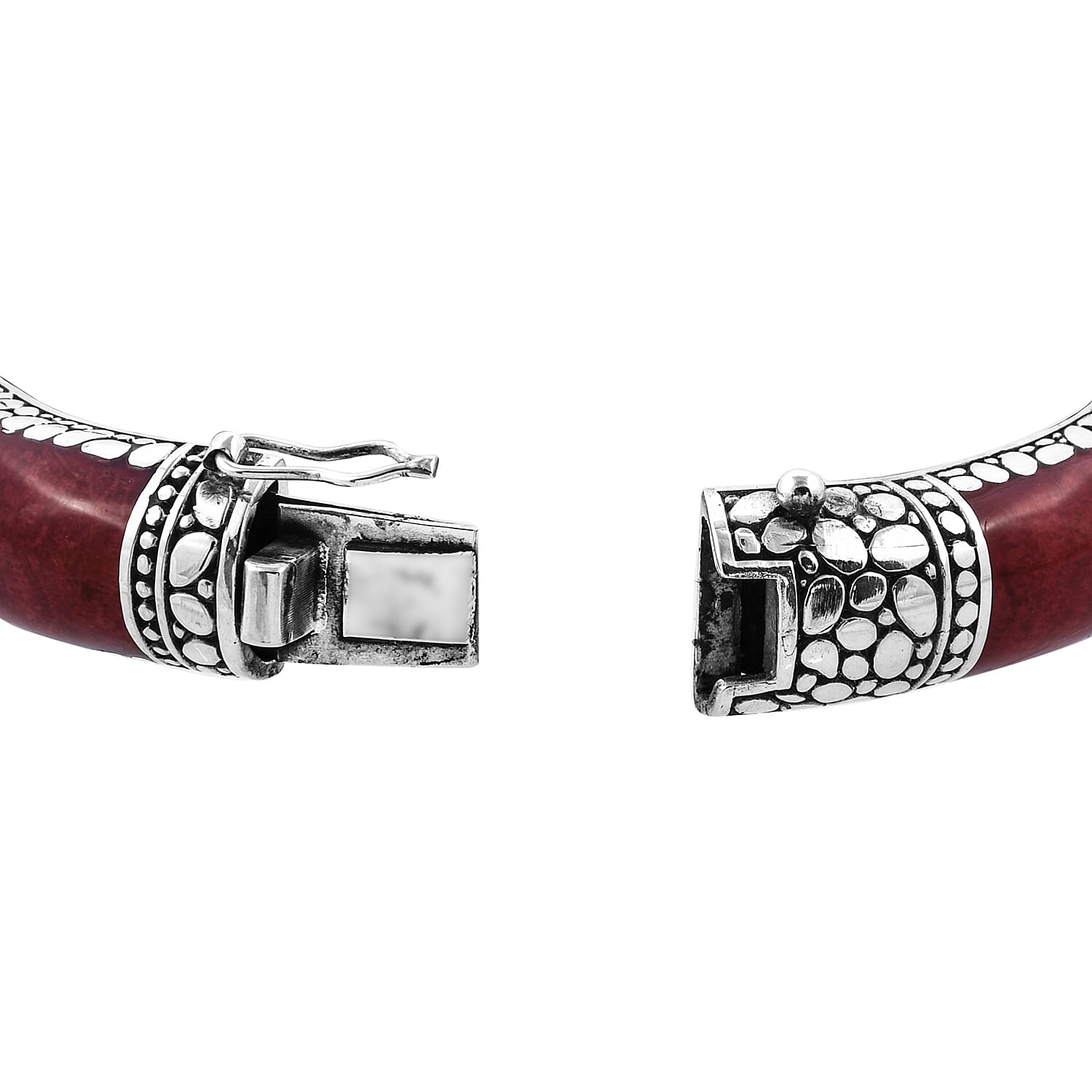Royal Bali Collection - Red Coral Bangle (Size 7.5) in Sterling Silver, Silver Wt 57.00 Gms