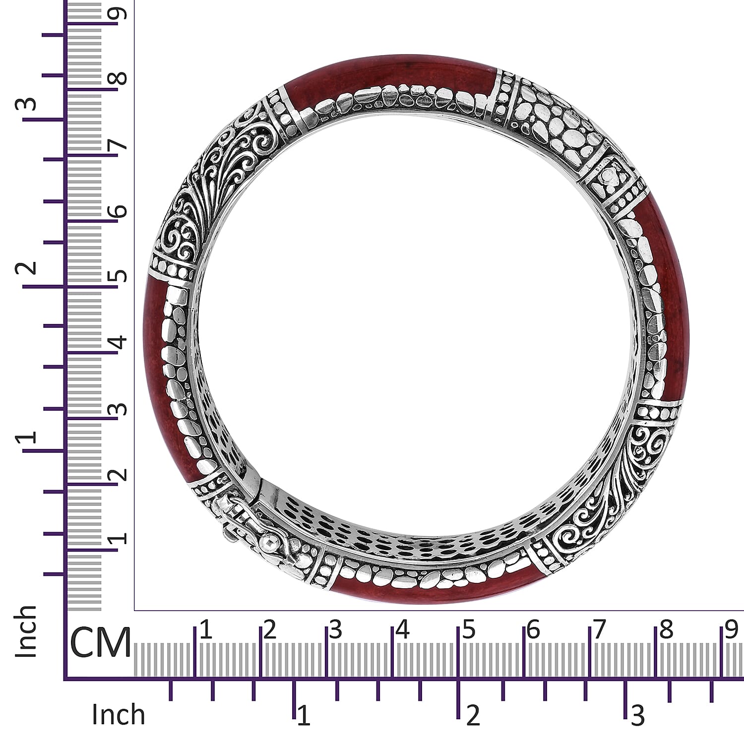 Royal Bali Collection - Red Coral Bangle (Size 7.5) in Sterling Silver, Silver Wt 57.00 Gms