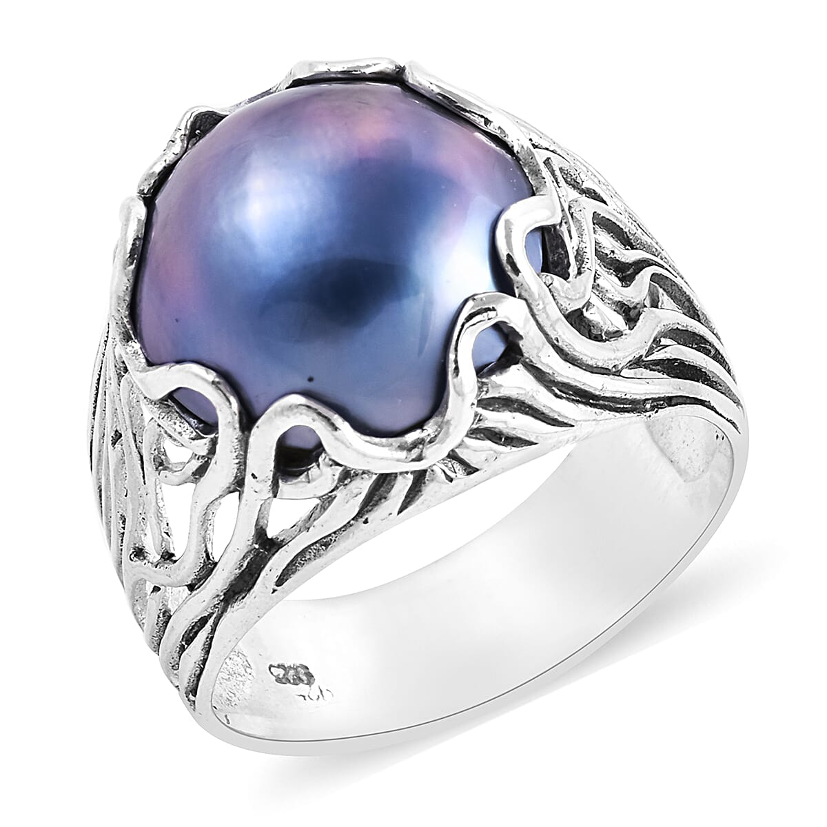 Royal Bali Collection - Mabe Blue Pearl (Rnd 14-15 mm) Ring in Sterling Silver
