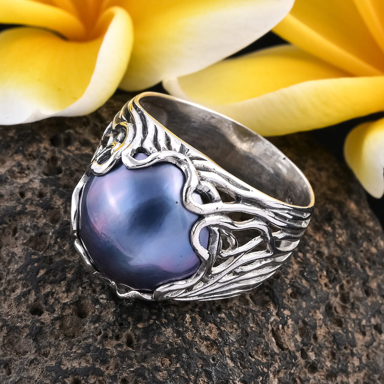 Royal Bali Collection - Mabe Blue Pearl (Rnd 14-15 mm) Ring in Sterling Silver