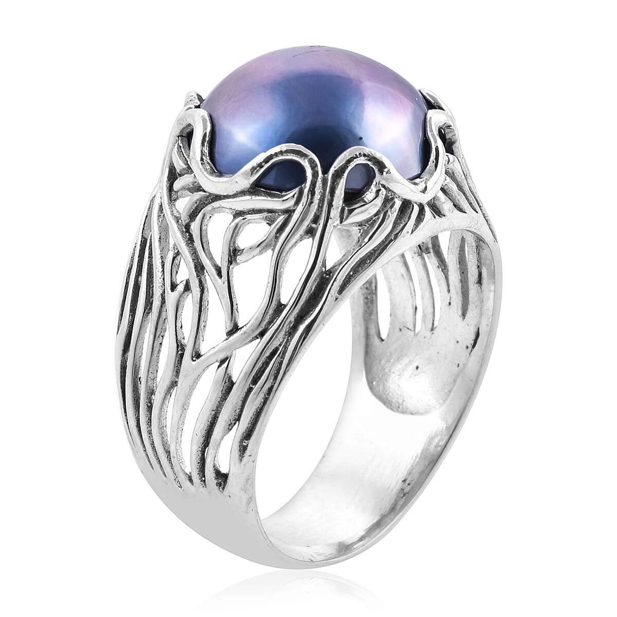 Royal Bali Collection - Mabe Blue Pearl (Rnd 14-15 mm) Ring in Sterling Silver