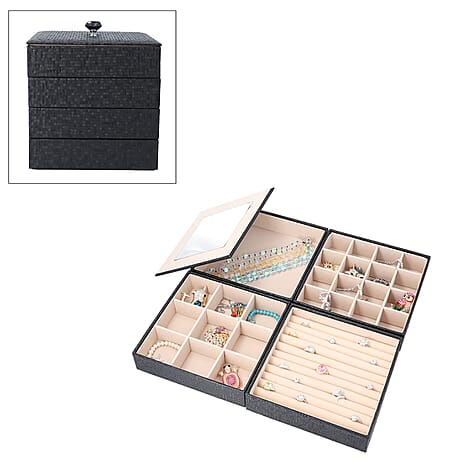 4-Layer Stackable Jewellery Oragnizer with Inside Mirror and Anti Tarnish Lining ( Size 21.59x21.59x21.59 Cm) - Black