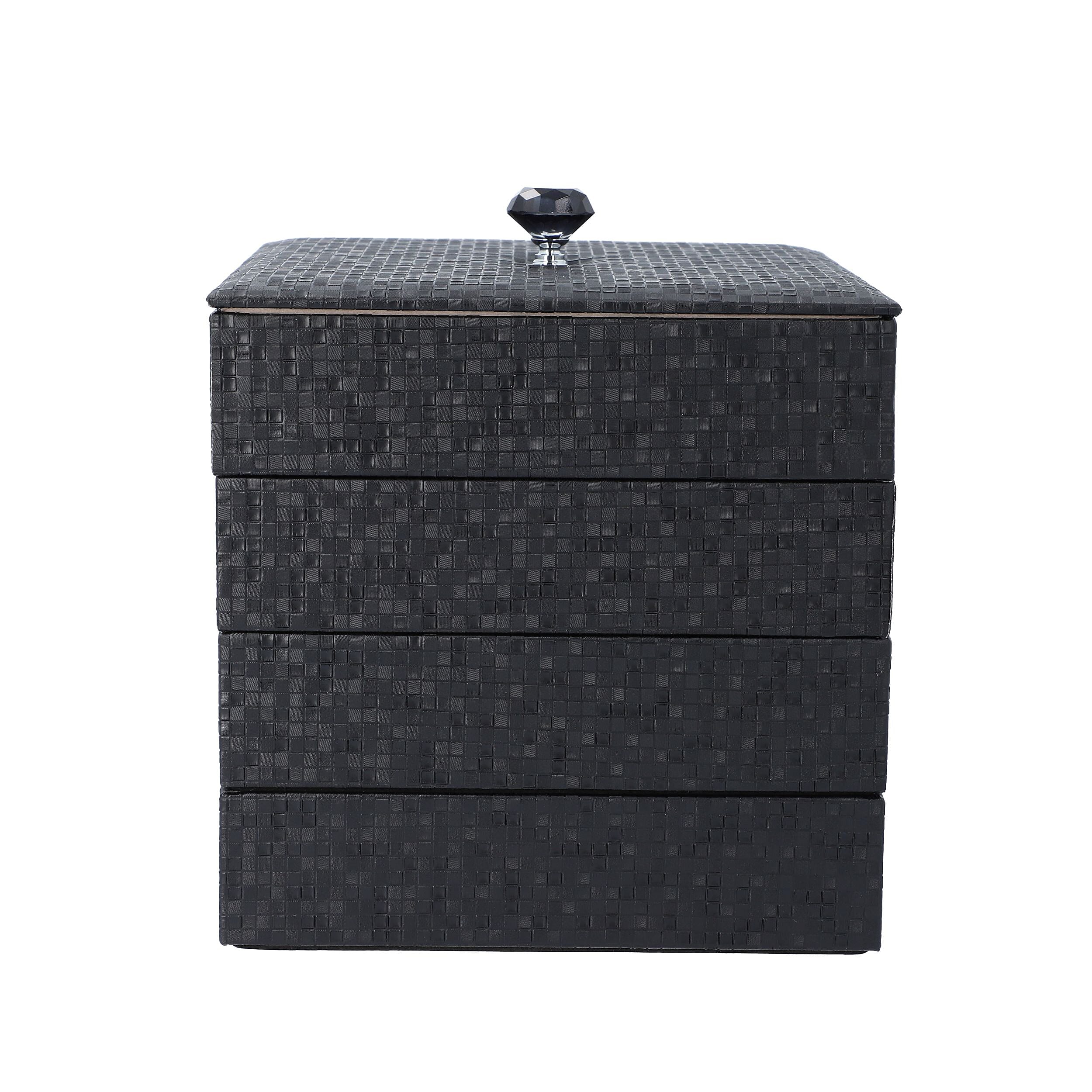 4-Layer Stackable Jewellery Oragnizer with Inside Mirror and Anti Tarnish Lining ( Size 21.59x21.59x21.59 Cm) - Black
