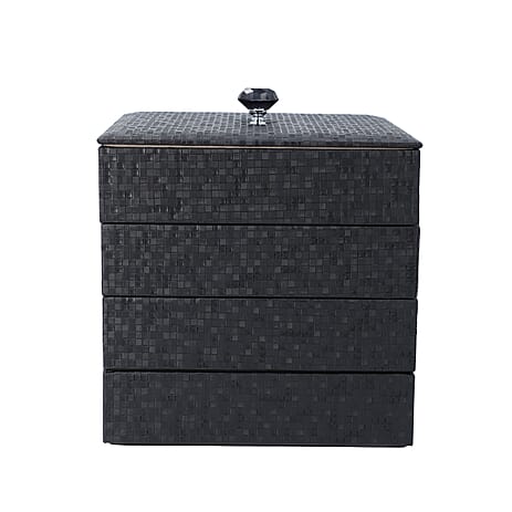 4-Layer Stackable Jewellery Oragnizer with Inside Mirror and Anti Tarnish Lining ( Size 21.59x21.59x21.59 Cm) - Black