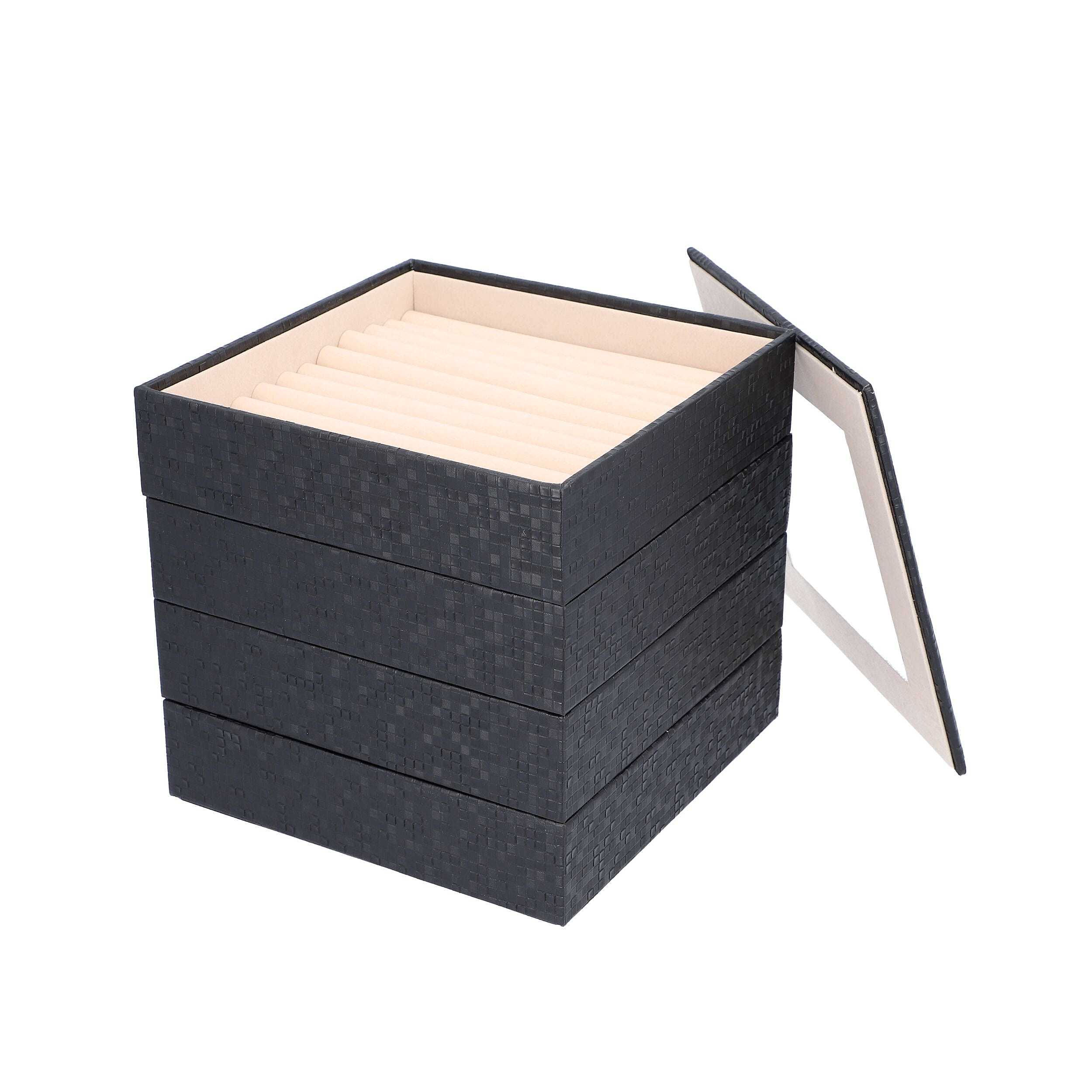 4-Layer Stackable Jewellery Oragnizer with Inside Mirror and Anti Tarnish Lining ( Size 21.59x21.59x21.59 Cm) - Black